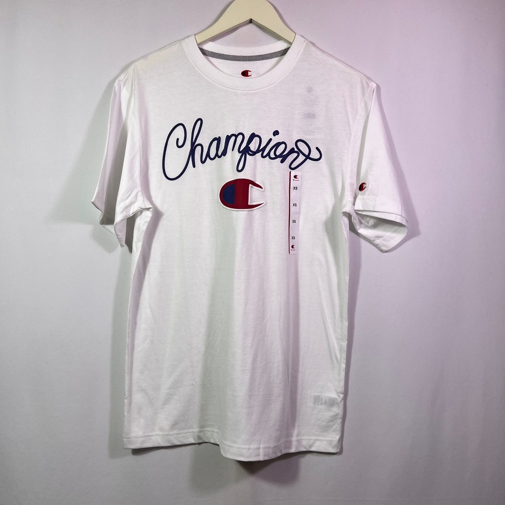Champion Mens Fashion Graphic Tee Stark White Script Logo T-Shirt XS